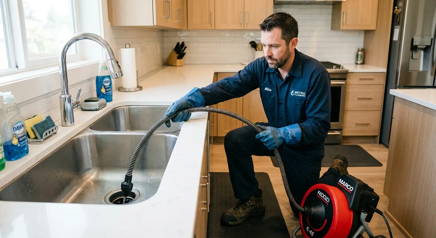 Drain cleaning technician using a motorized snake on a kitchen sink in Monmouth