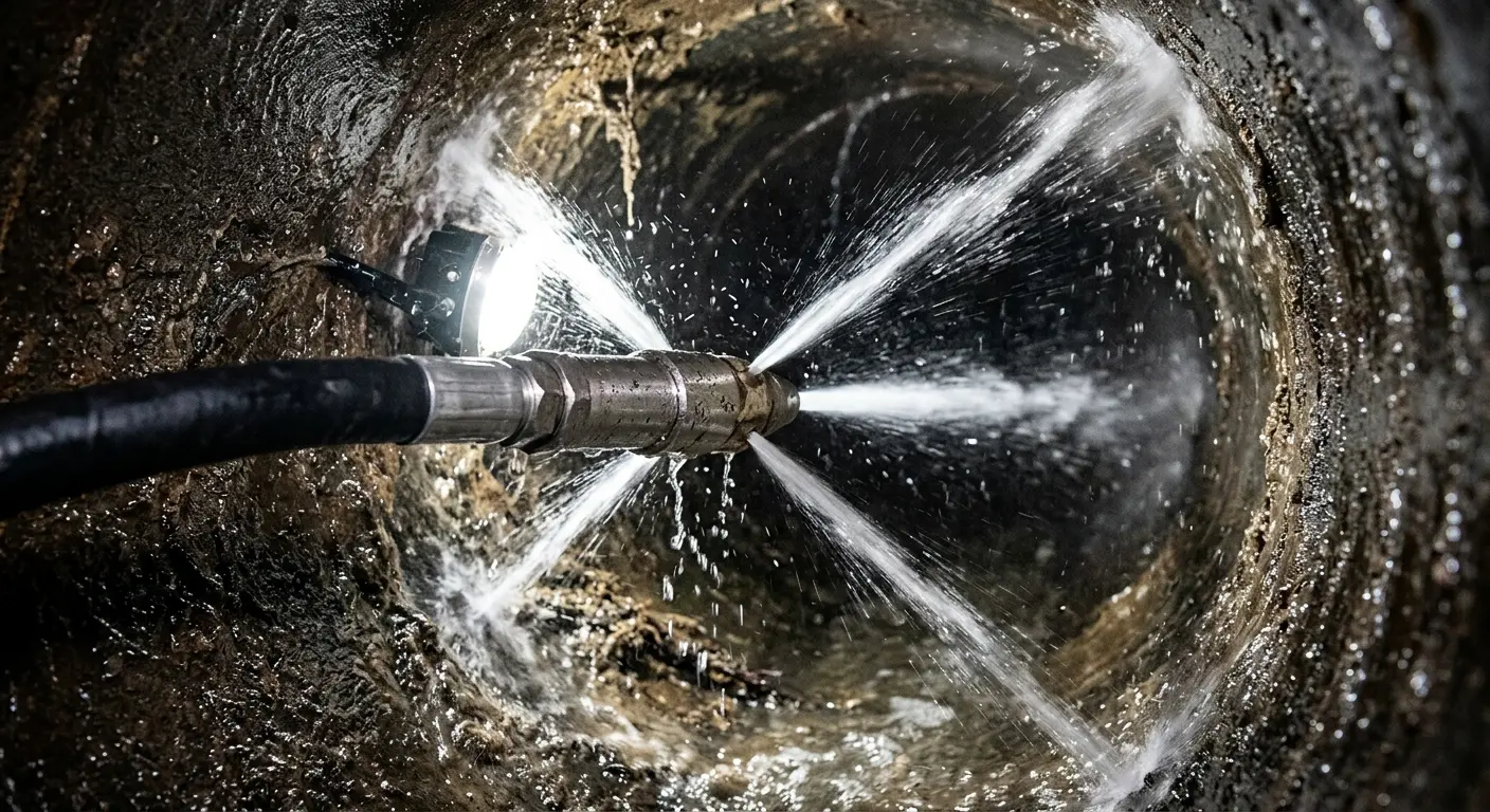 High-pressure hydro jetting nozzle cleaning sewer pipe for Trenchless Sewer Repair in Monmouth