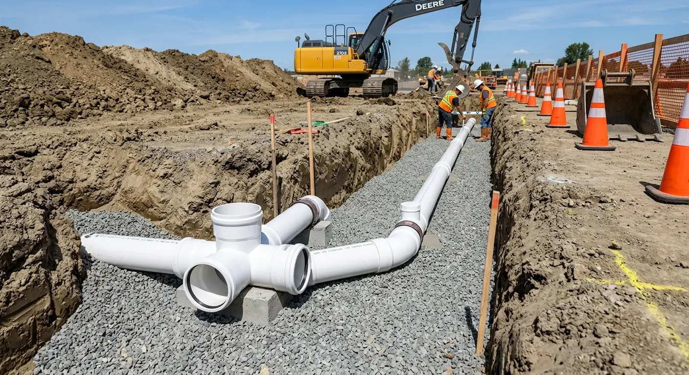 New PVC sewer pipe installation in open trench for Sewer Backup in Monmouth