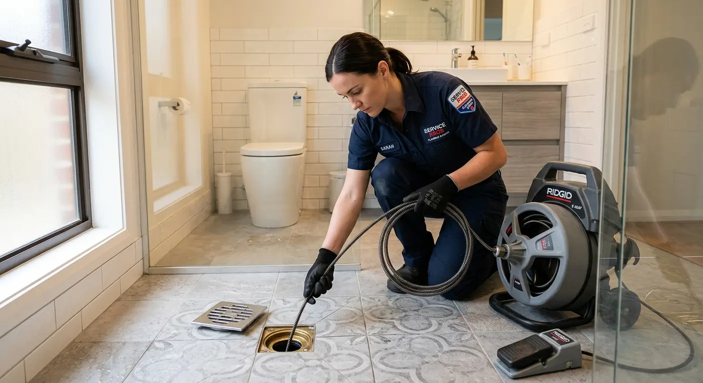 Technician clearing a bathroom floor drain for Hydro Jetting in Monmouth